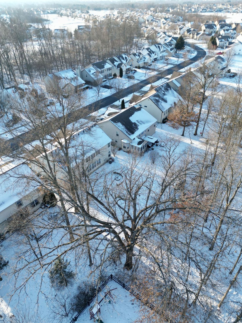 Aerial winter view of snow-covered neighborhood with bare trees and winding streets.