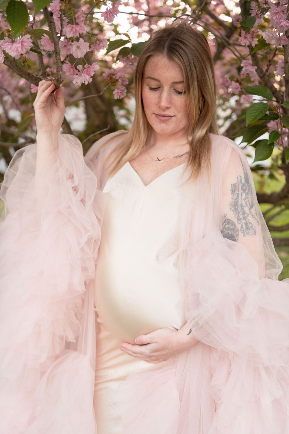 A gentle maternity moment captured under blooming spring cherry blossoms.