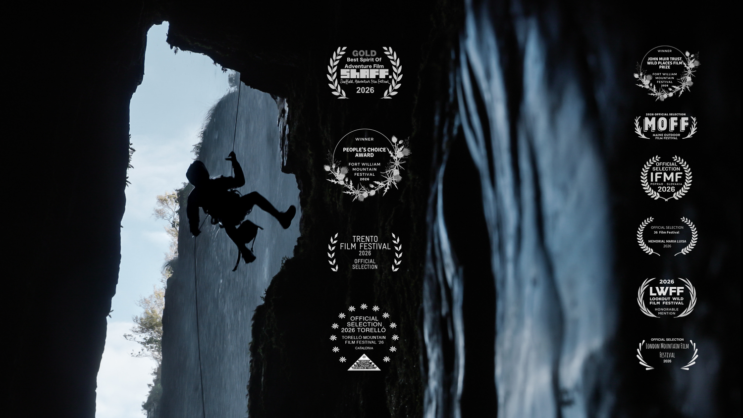 Find Mor: Canyoning in Scotland an adventure film poster. A canyoneer looking downstream in a dark encased gorge