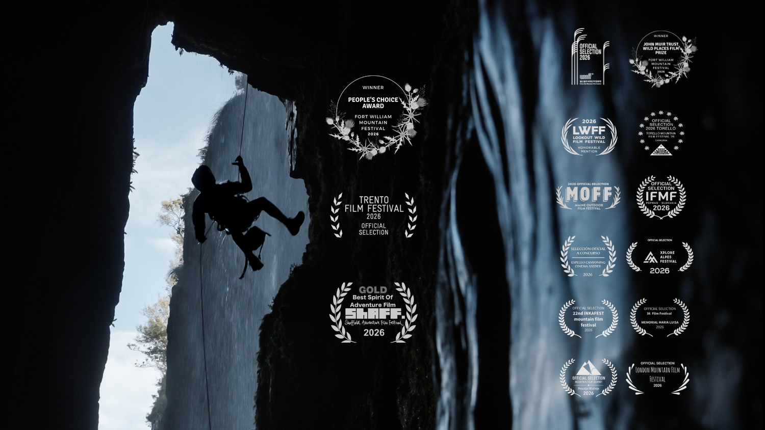 Find Mor: Canyoning in Scotland an adventure film poster. A canyoneer looking downstream in a dark encased gorge