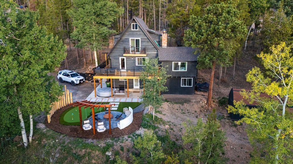 Aerial/drone photo of the Midnight Ridge AirBnb property by Denver Hospitality, Travel & Tourism photographer Captain Colorado Photography.