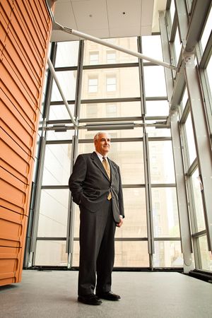 Bald businessman in dark suit standing in modern building lobby with large glass windows.