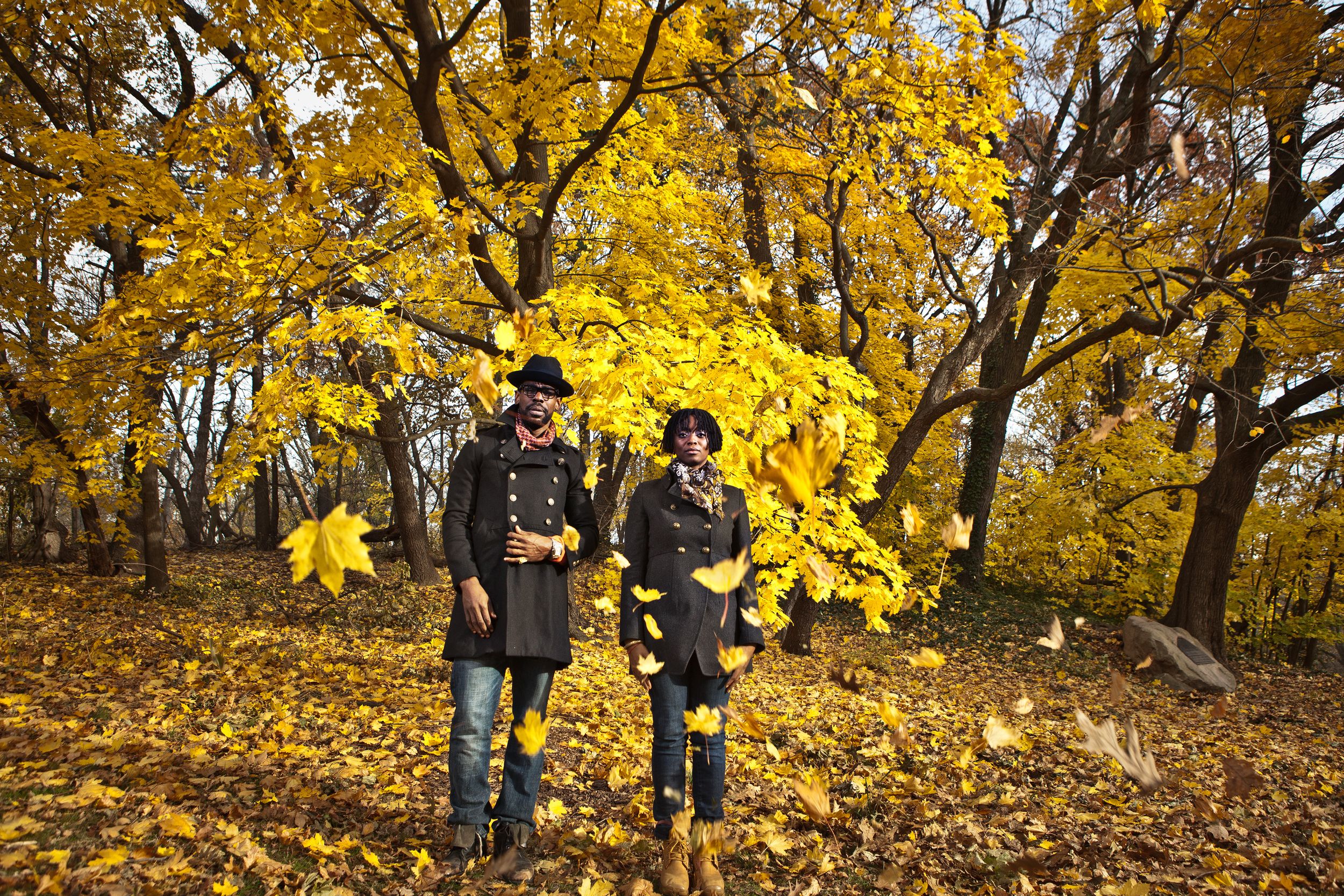 Couple walking among golden autumn leaves falling from trees in a park.
