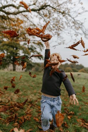Autumn leaves swirl through the air as someone plays and tosses them up in a grassy field on a cloudy day.