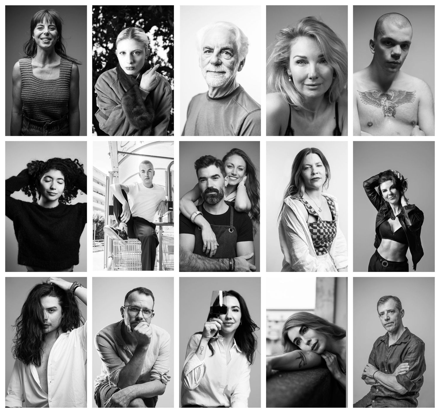 A 3x4 grid collage of diverse black and white portraits; comprehensive headshot portfolio and community branding.
