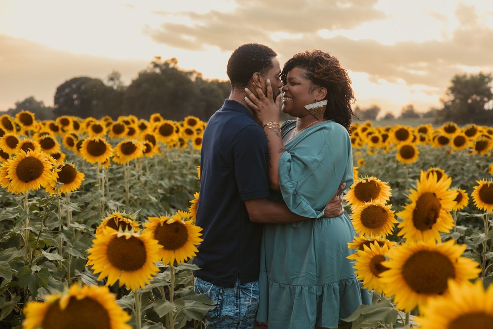 A romantic couple shares an intimate moment in a vibrant sunflower field during golden hour.
