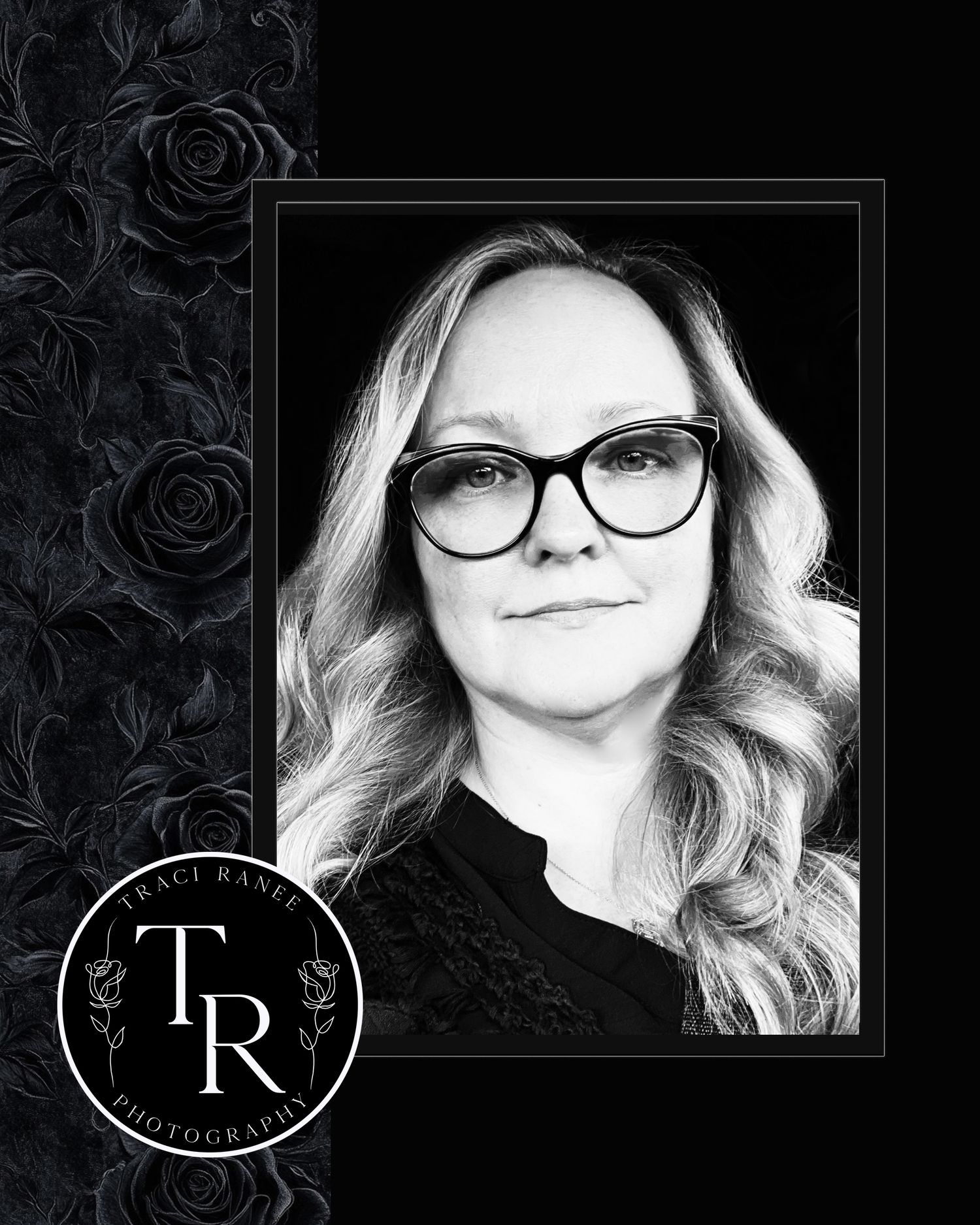 Professional headshot of a photographer against dark floral background with business branding.