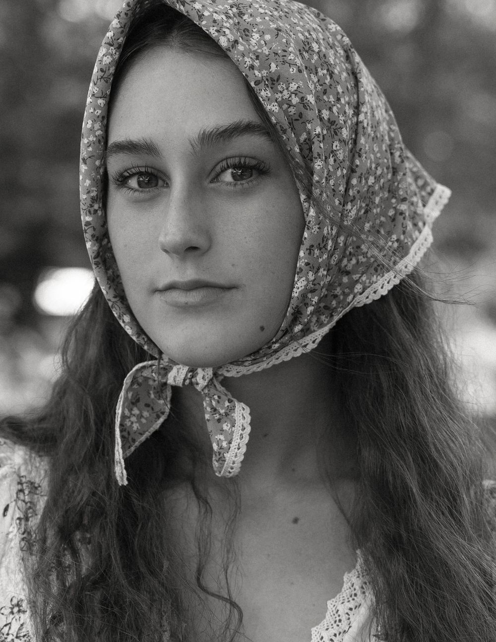 Rustic farm editorial with model wearing headscarf, Atlanta editorial portrait and fashion photographer
