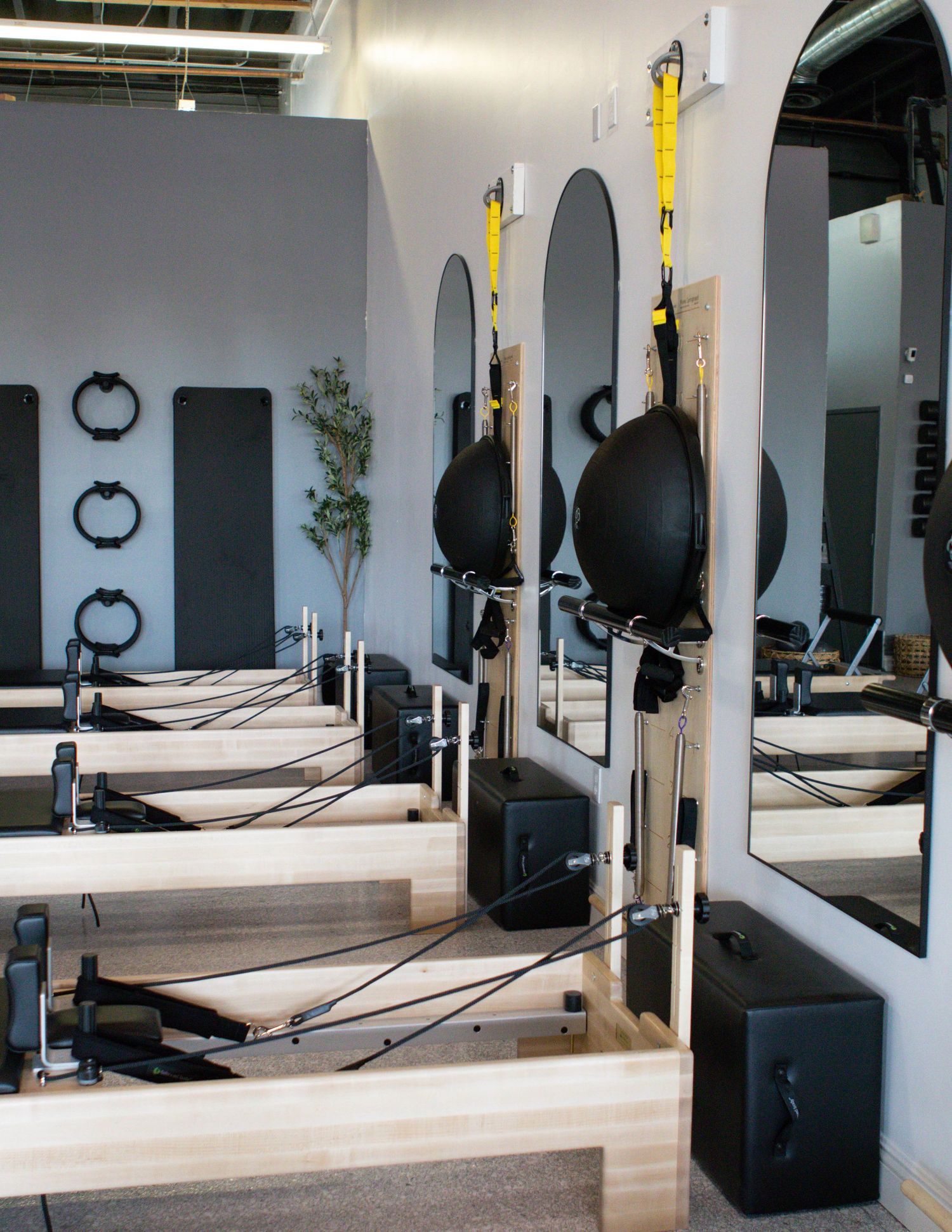 Clean, modern pilates studio with reformer machines and black accessories arranged in rows.