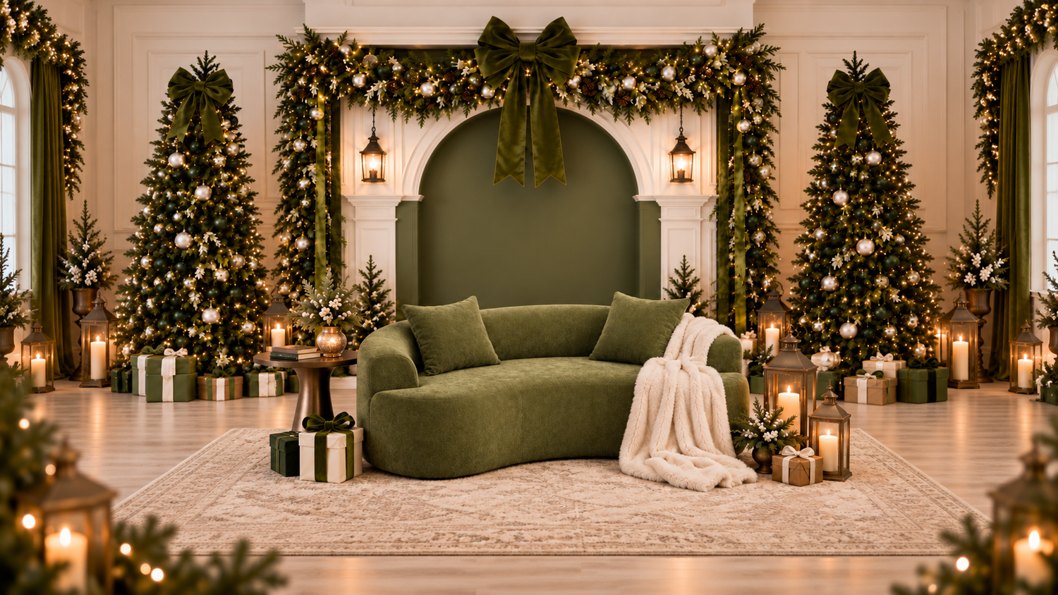 Elegant Christmas room with red velvet chair, gold accents, decorated trees, candles, and gifts on white fur rug.