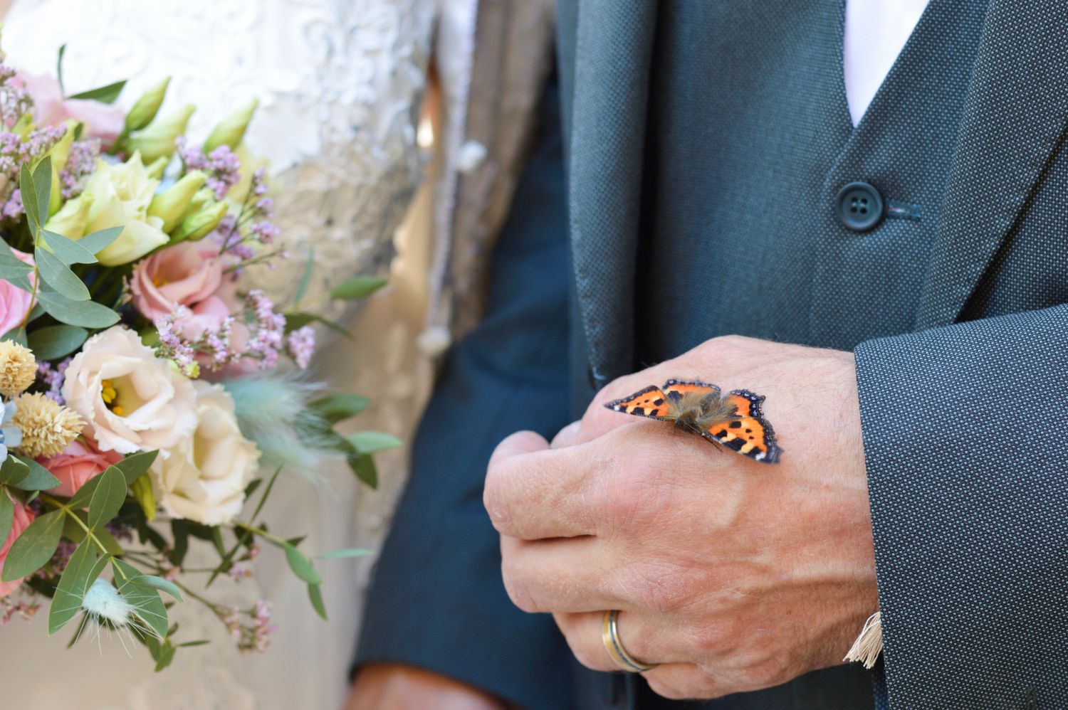 Détail surprenant lors du mariage un papillon se pose sur la main du marié