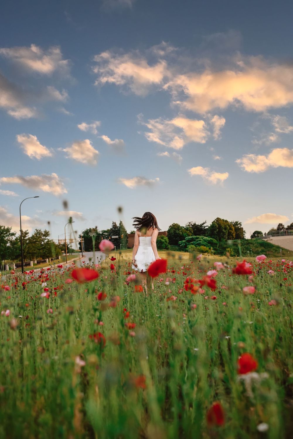 Woman in white dress running through vibrant red poppy field under dramatic cloudy sunset sky.