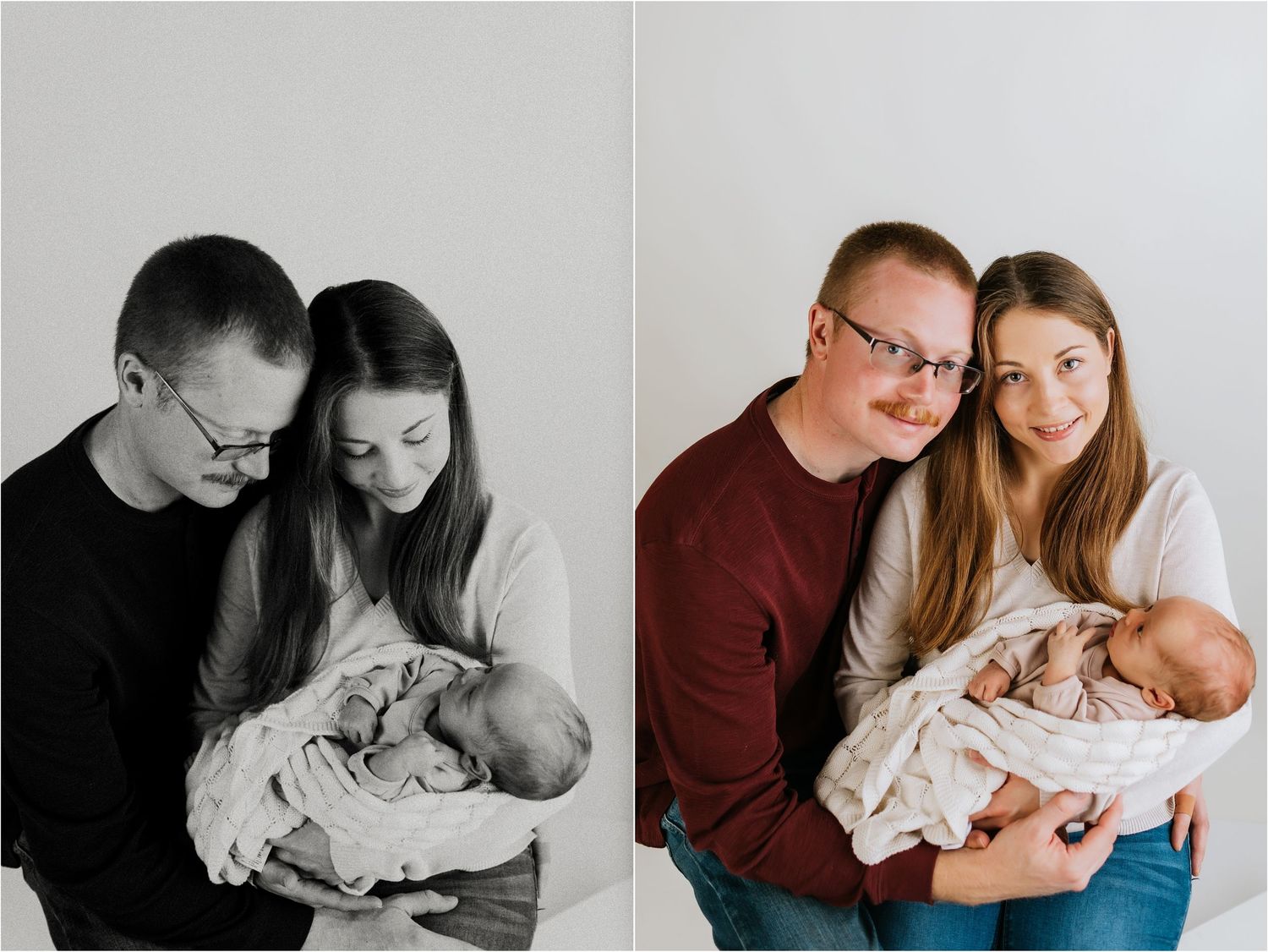 New parents tenderly hold their swaddled newborn baby in a professional studio portrait session.