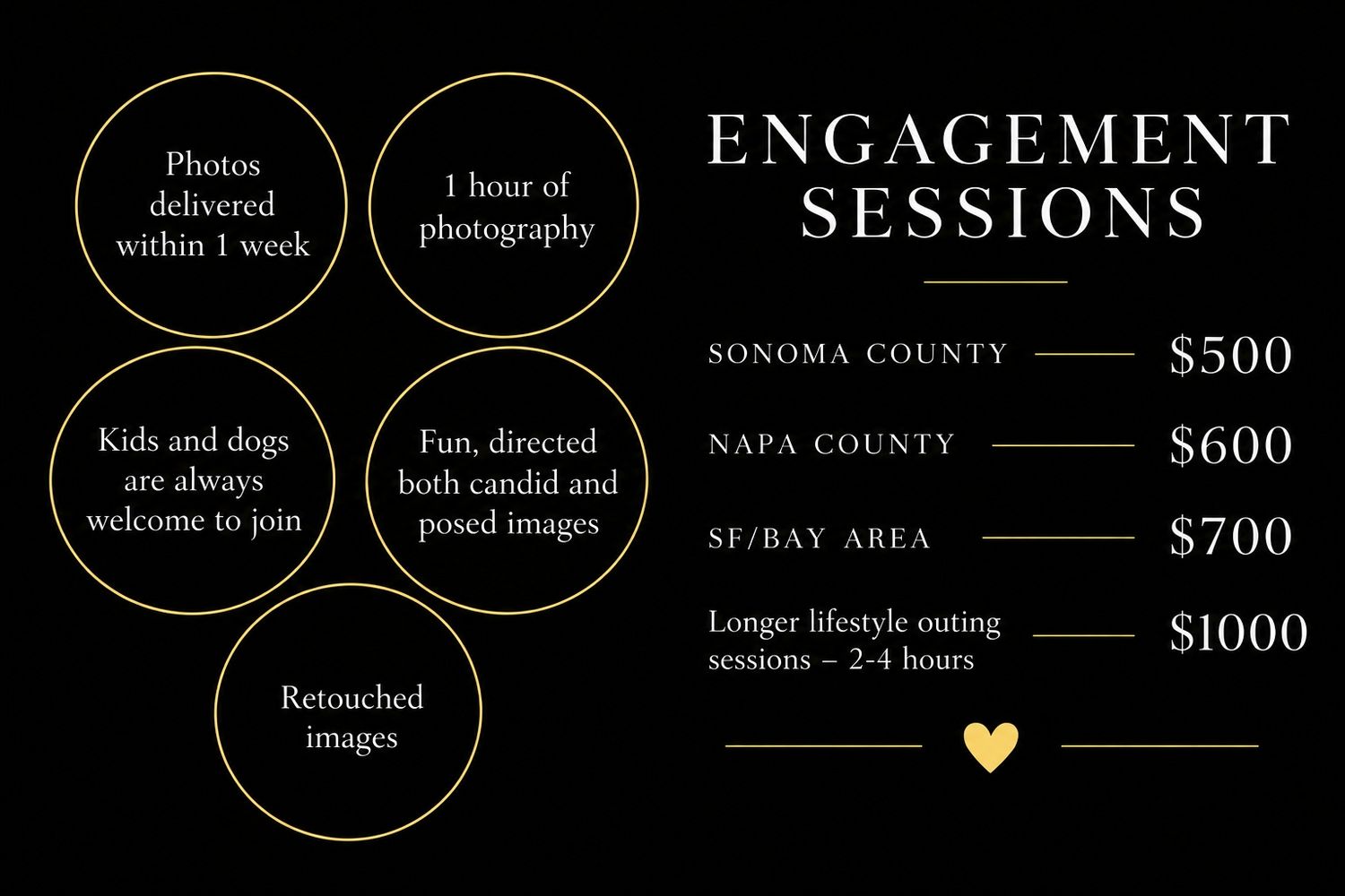 Engagement session photography pricing card for Sonoma, Napa, and SF Bay Area, starting at $500, including candid and posed images.