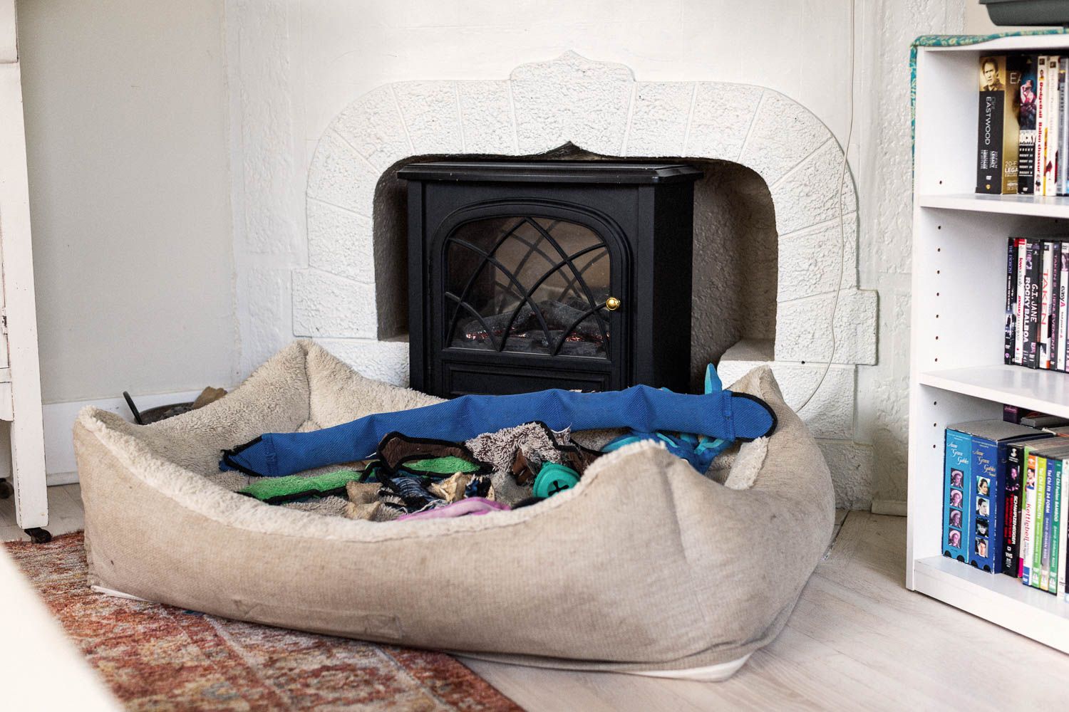 Large beige dog bed placed in front of a decorative fireplace with a wood stove insert, next to a bookshelf.
