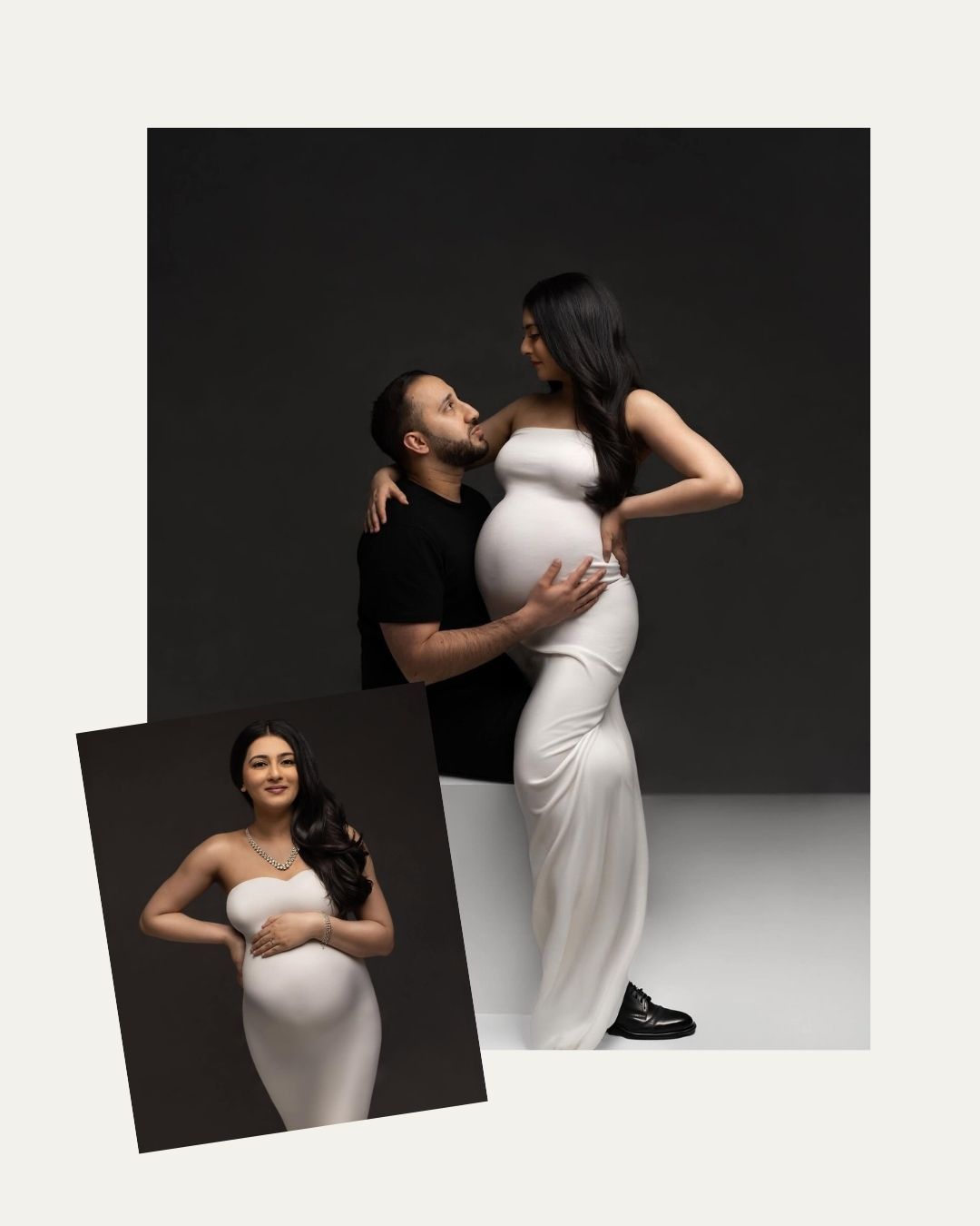 Pregnant woman in white dress poses with partner in black outfit during maternity photoshoot on dark studio background.