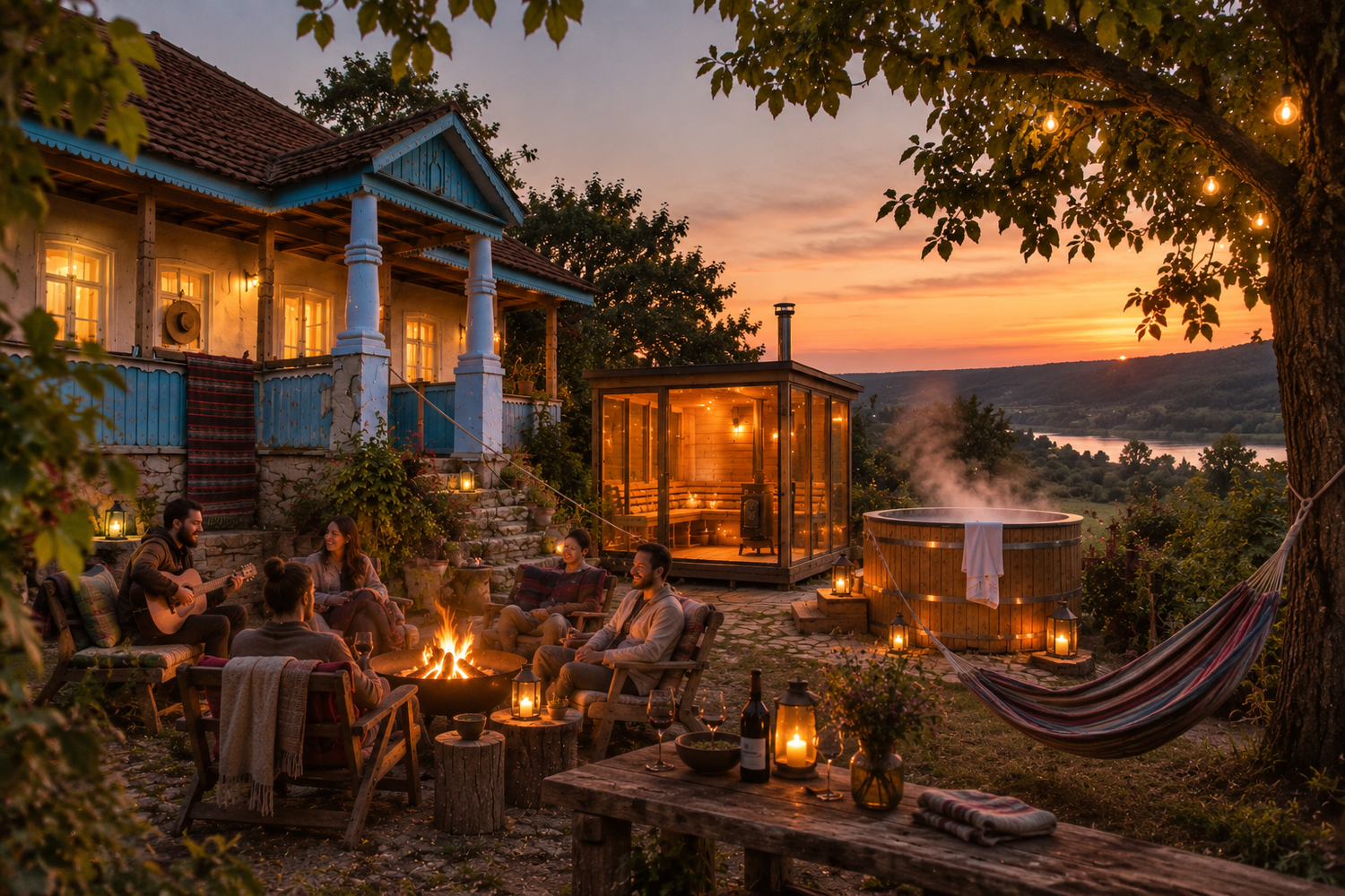 Friends gather around a cozy fire pit at sunset beside a rustic cottage with warm glowing lights and a scenic lake view.