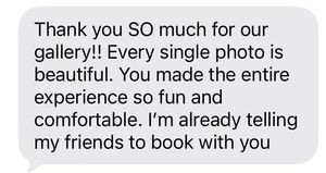 A glowing client testimonial text message praising a photography gallery as beautiful and recommending the photographer to friends.