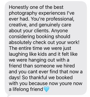Five-star client testimonial praising professional photography experience, creative skills, and friendly photographer relationship.