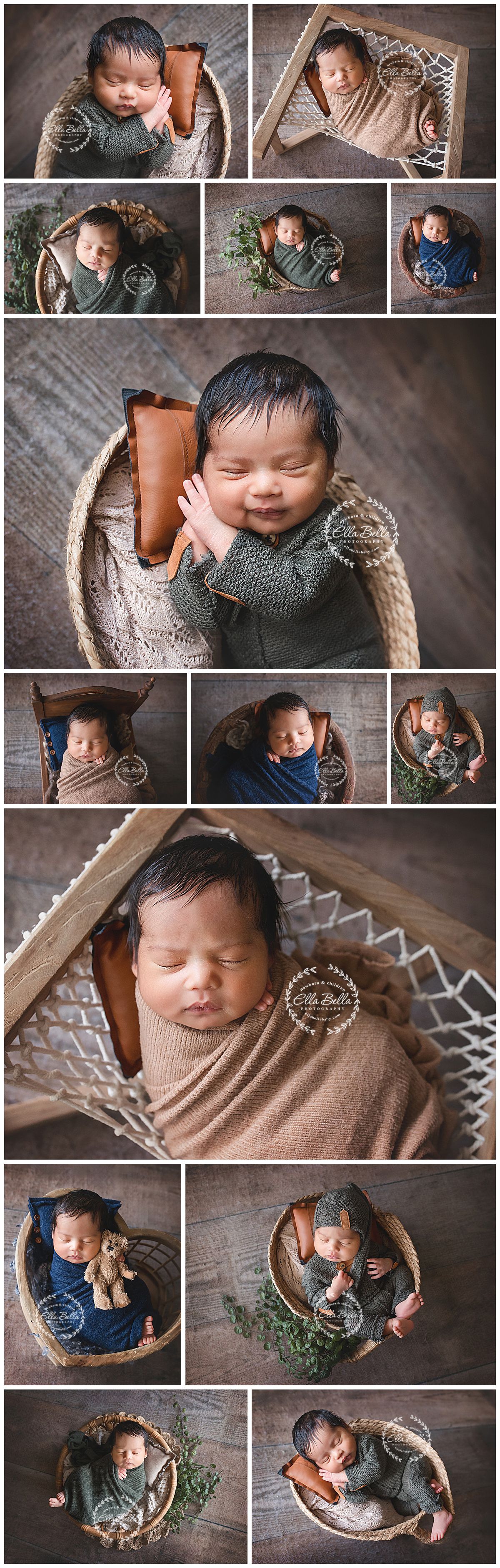 Newborn baby boy posed in baskets and props during professional studio photography session by Elle Belle Photography.