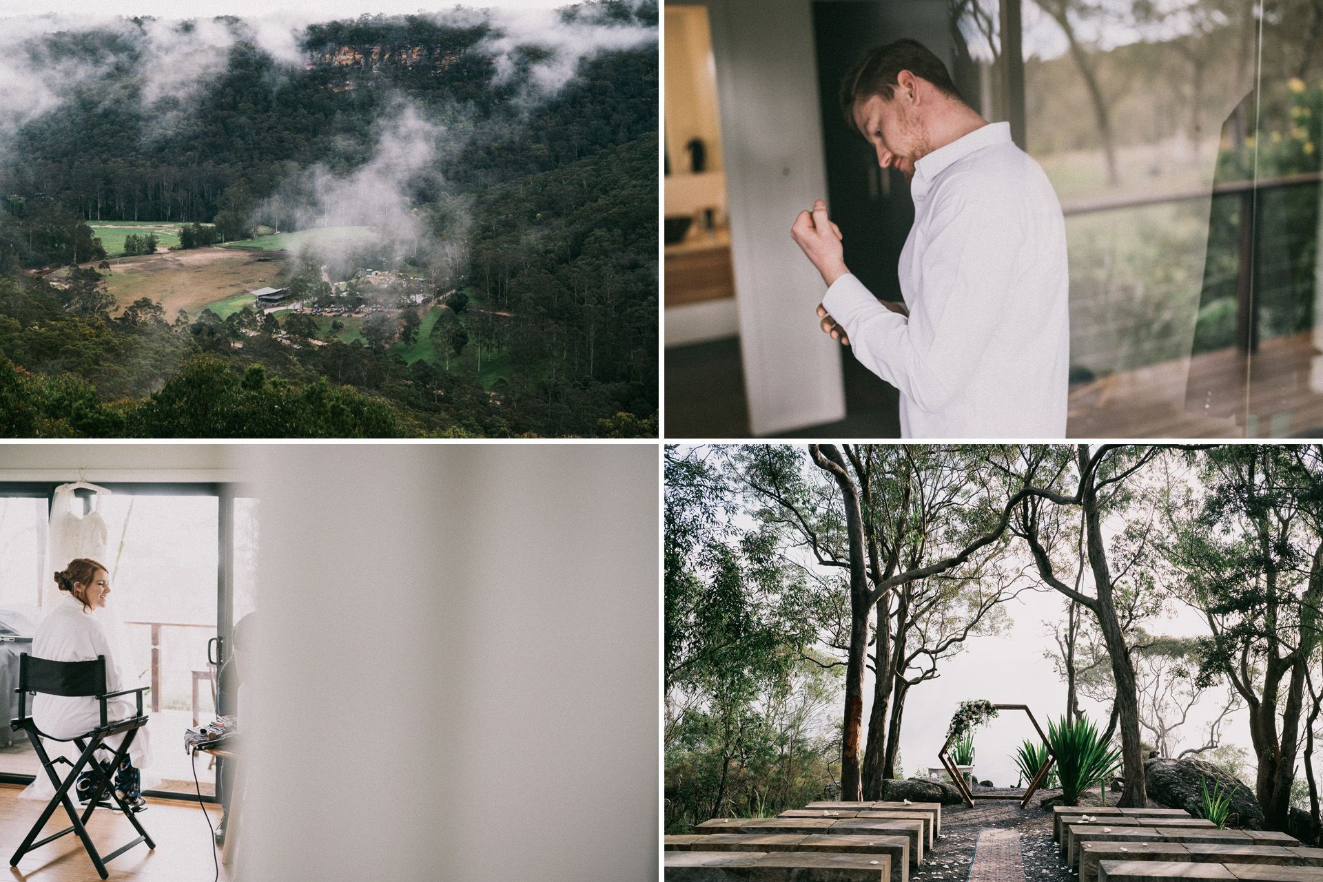 Wedding day collage featuring misty mountain views, groom preparing, and outdoor ceremony setup.