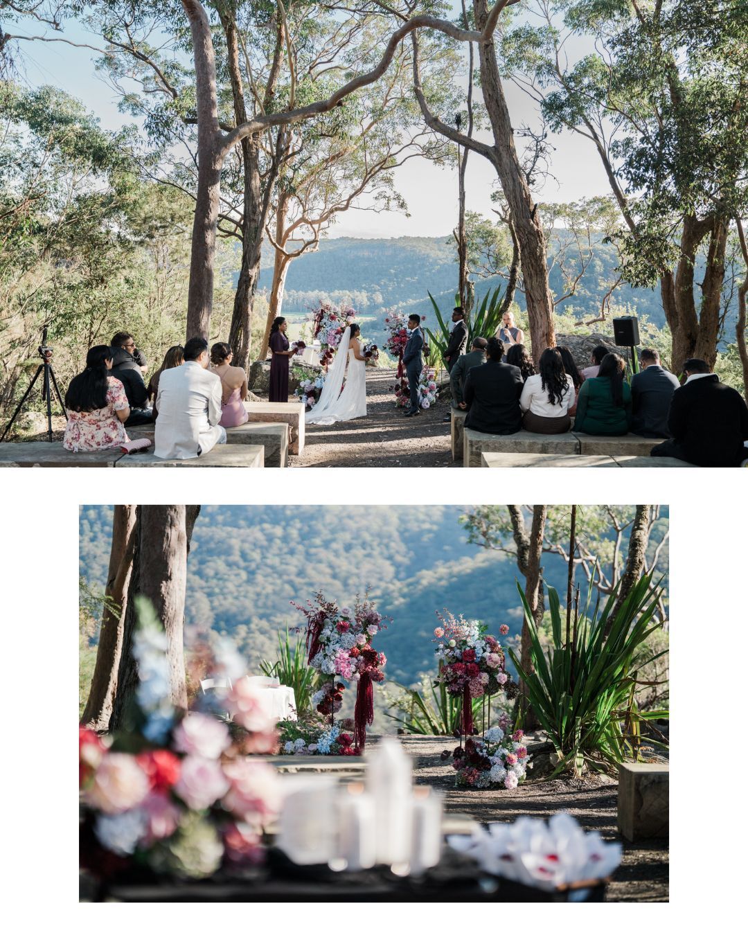 Outdoor wedding ceremony in a forest with guests seated on benches, overlooking a scenic valley with floral arch decorations.