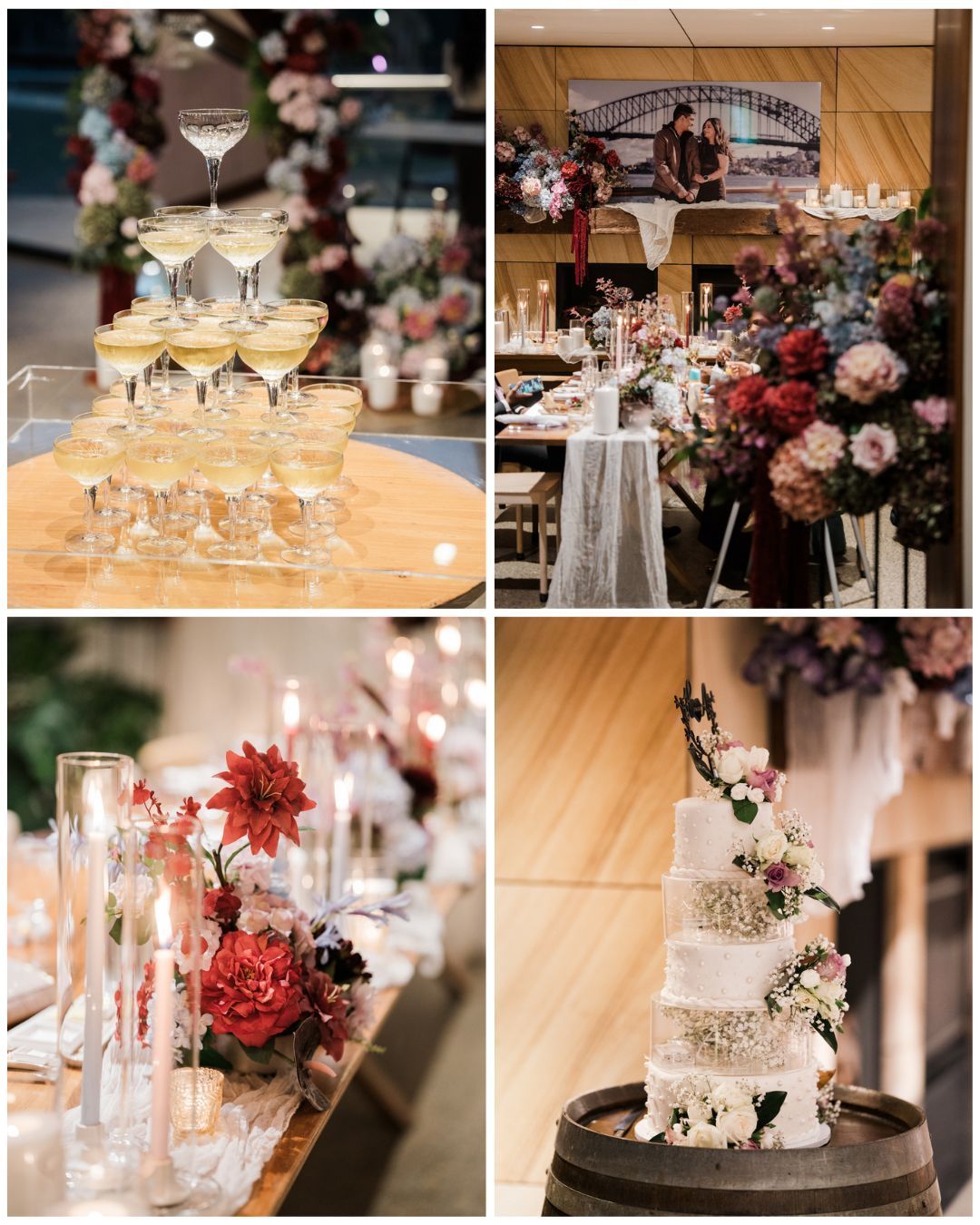 Elegant wedding reception collage featuring champagne tower, floral arch, candlelit table settings, and a white tiered cake on a barrel.