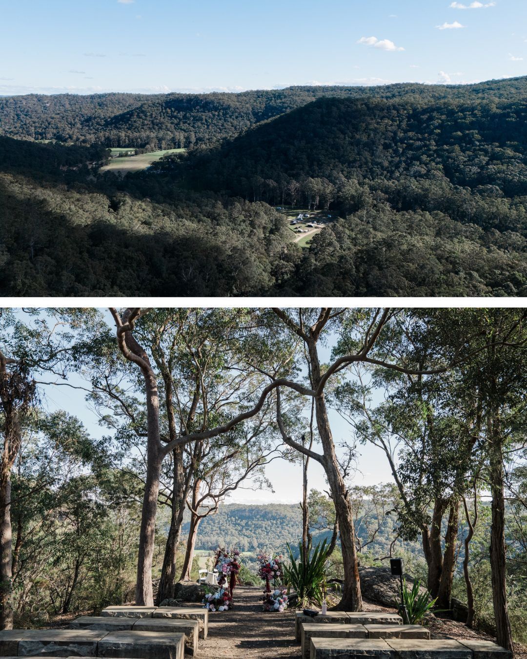 Blue Mountains forest wedding venue collage showing a scenic valley and outdoor ceremony site.