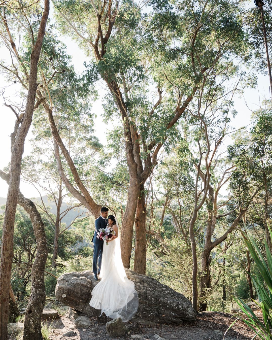 A couple in wedding attire stands on a rock surrounded by tall eucalyptus trees in a lush forest setting.