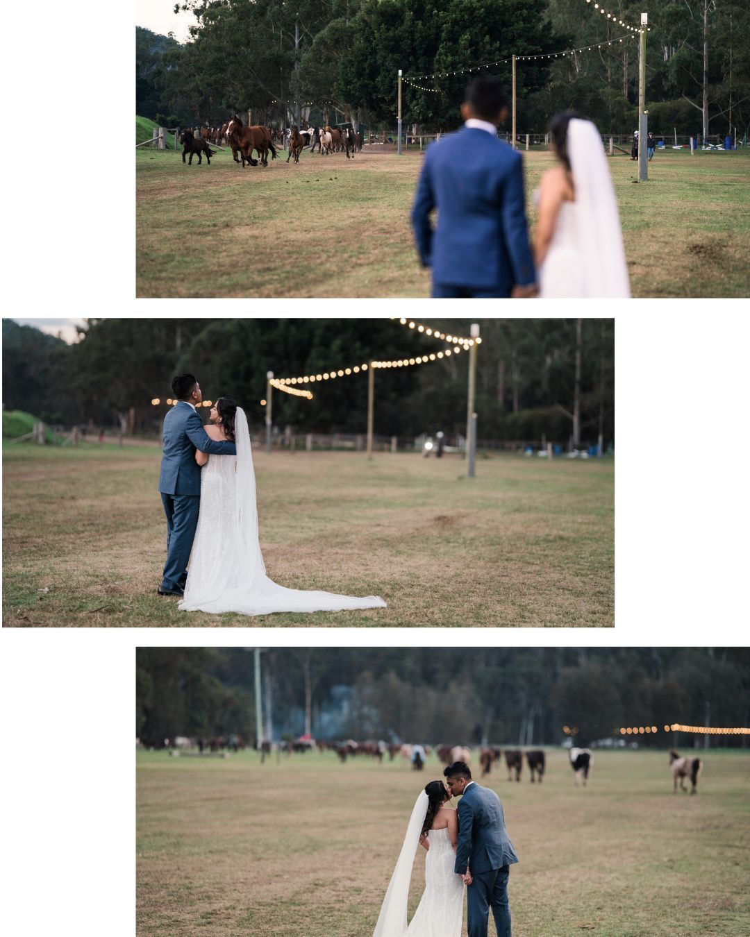 Bride in white gown and veil with groom in blue suit sharing romantic moments on a grassy field with string lights at dusk.