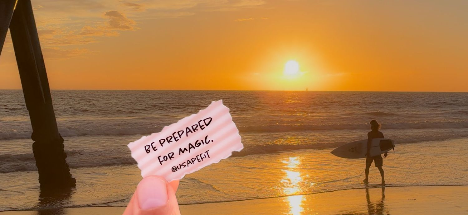 Sunset beach scene with a surfer, pier, and a handwritten note saying 'Be prepared for magic moments'.