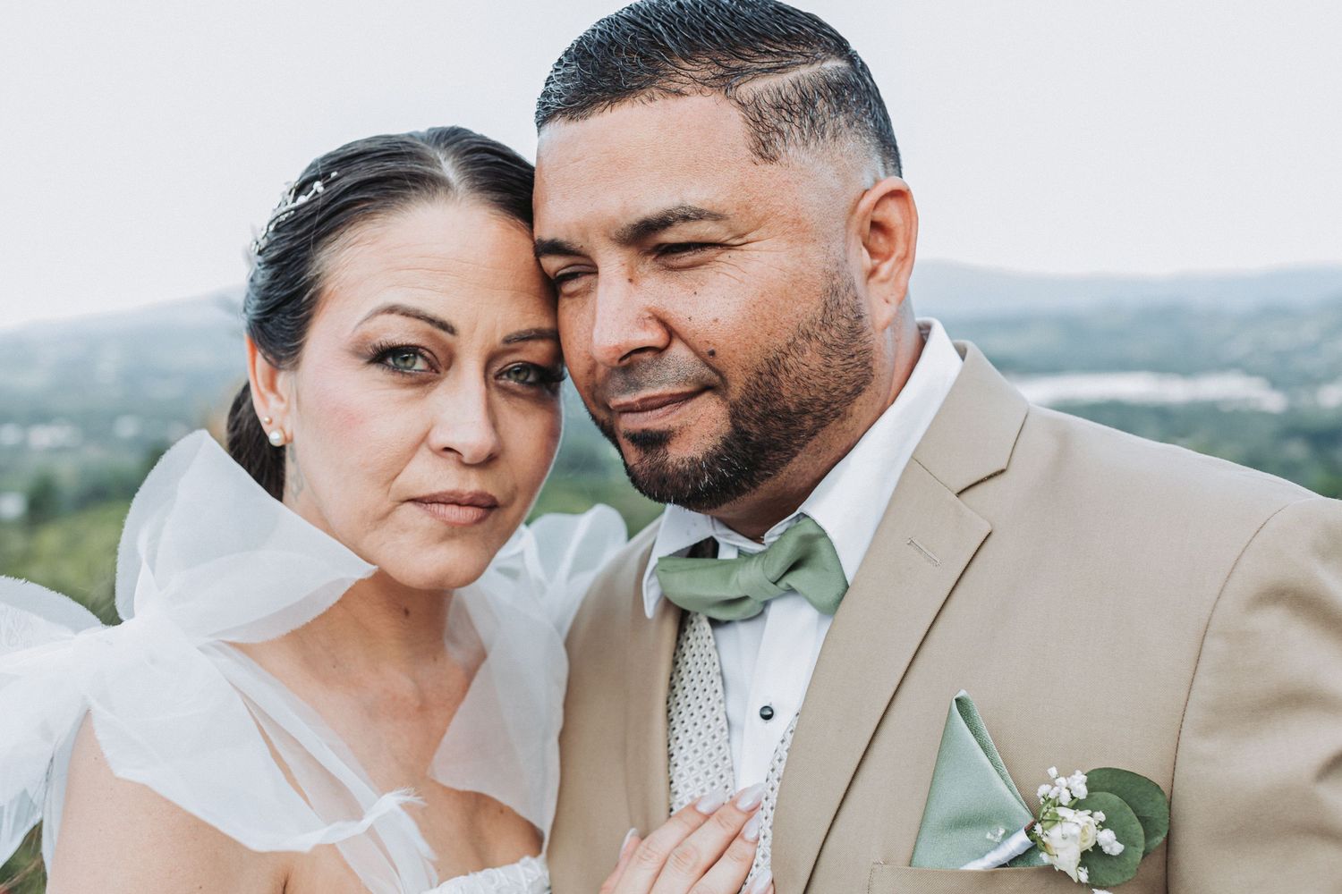 Close-up wedding portrait with soft natural lighting.