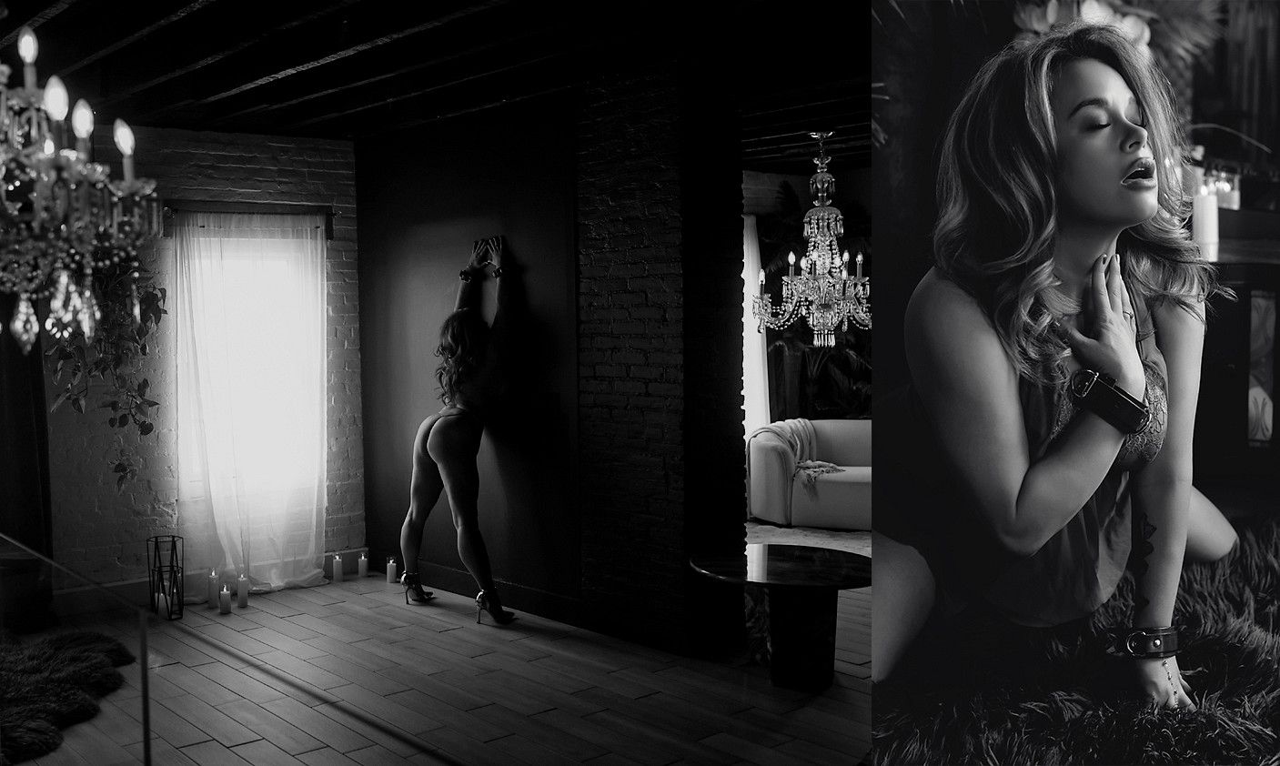Black and white boudoir photography diptych featuring elegant woman poses with chandeliers in moody interior setting.