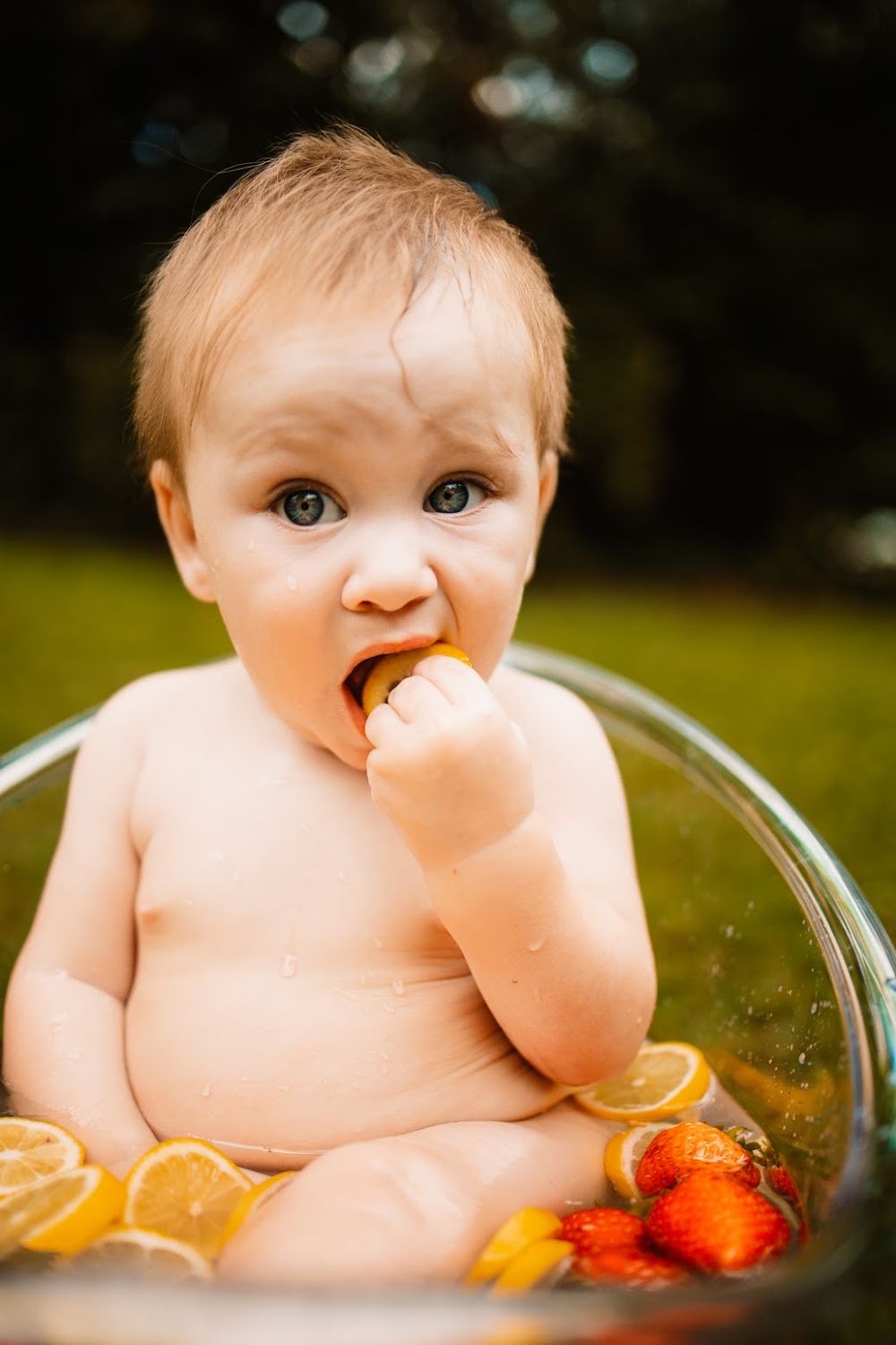 Baby sitting in a clear tub with lemon slices and strawberries, eating fruit outdoors in Oak Ridge, TN.