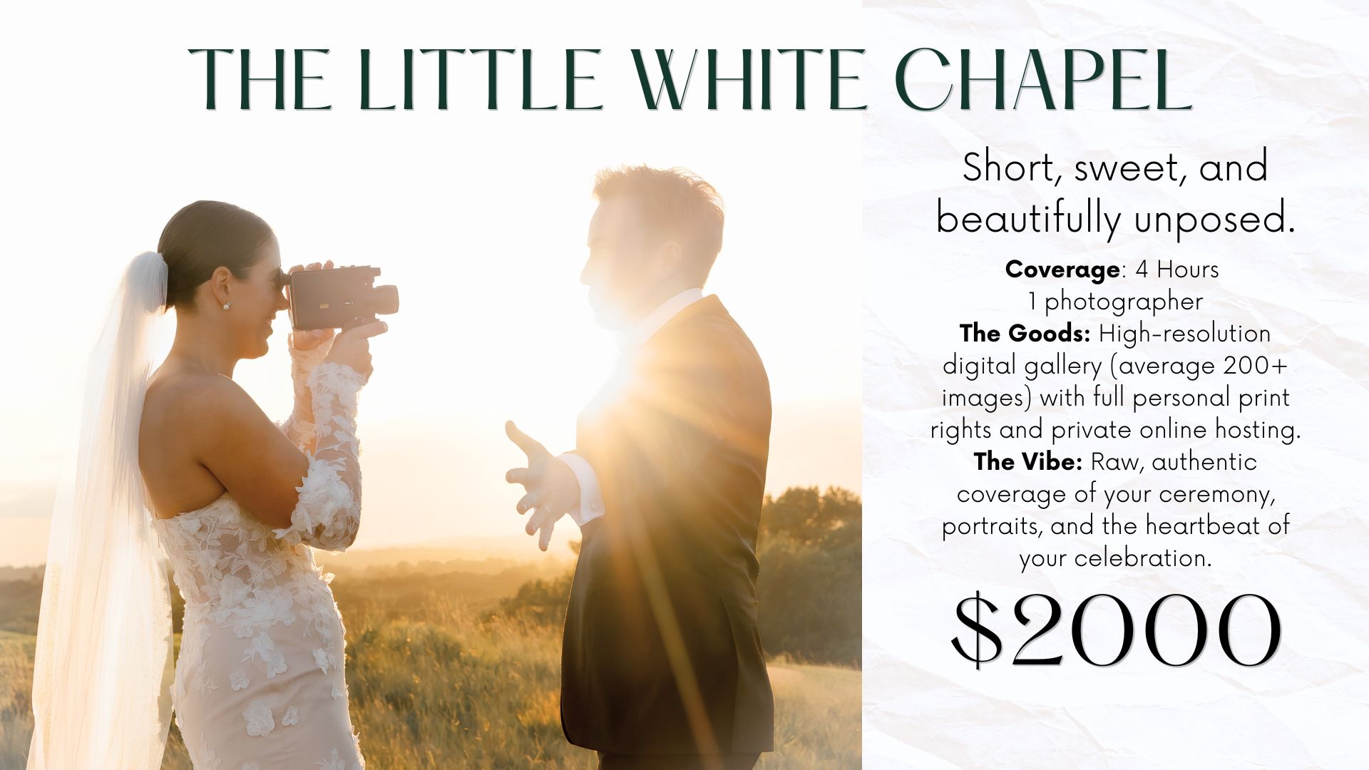 A couple in wedding attire poses outdoors at golden hour for The Little White Chapel $2000 photography package.