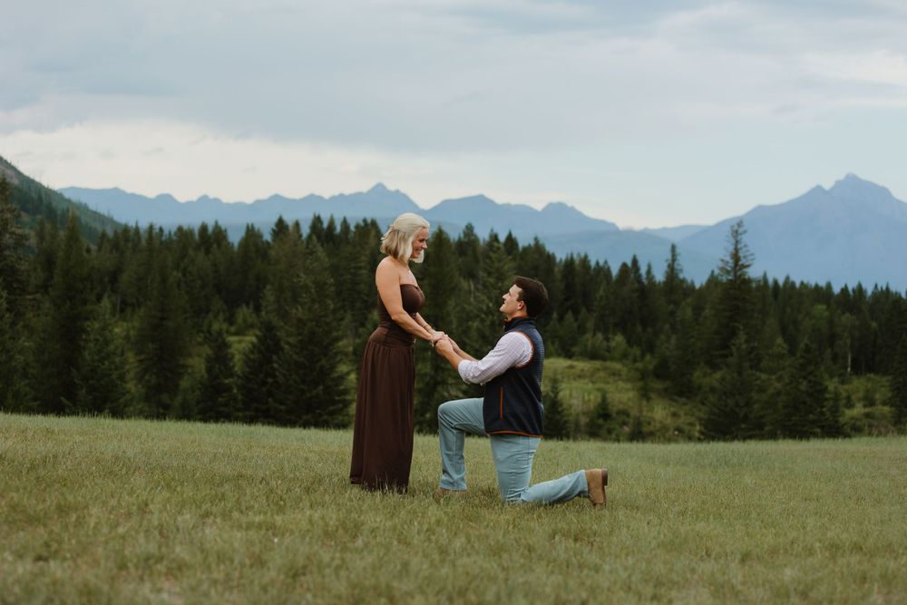 Man proposing to woman on one knee in a scenic mountain meadow with evergreen trees and misty peaks in the background.