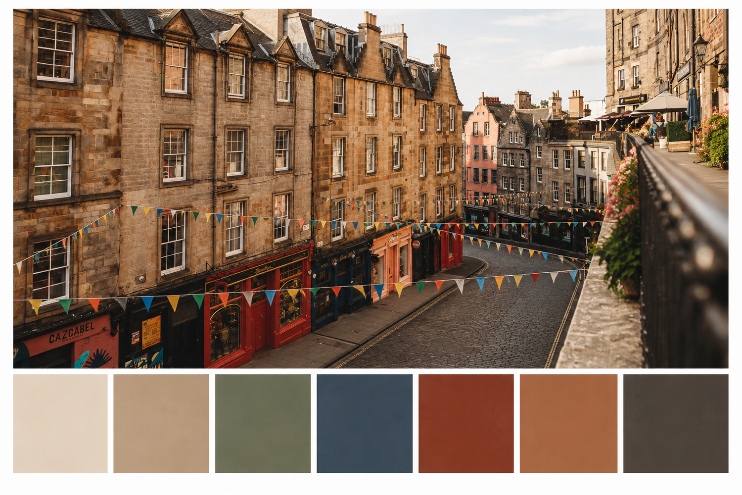 Colorful historic street in Edinburgh with stone buildings, bunting flags, and a warm earth-tone color palette.
