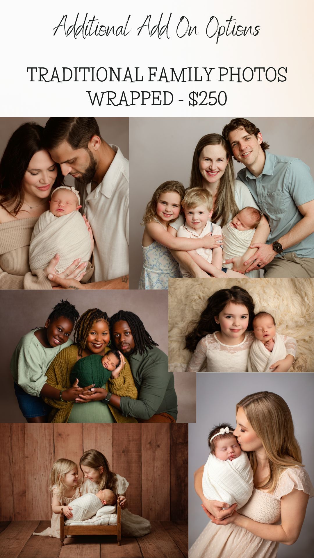 Newborn photography posed options showing babies in fabric poses, bowls, beds, cribs, swings, and rustic props with multiple color options.