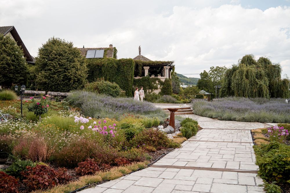 A stone pathway winds through a lush English garden with lavender borders, colorful flowers, and a birdbath near a house.