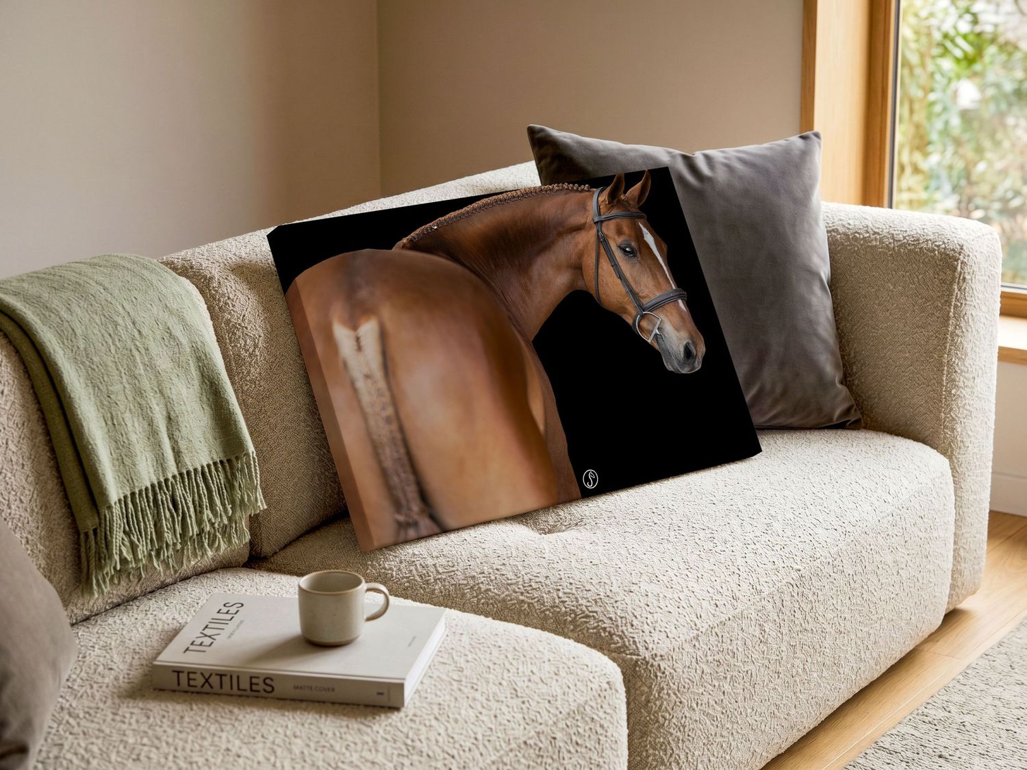 Rustic home office with wood desk and gallery wall of eight framed equestrian portrait photos in natural tones.