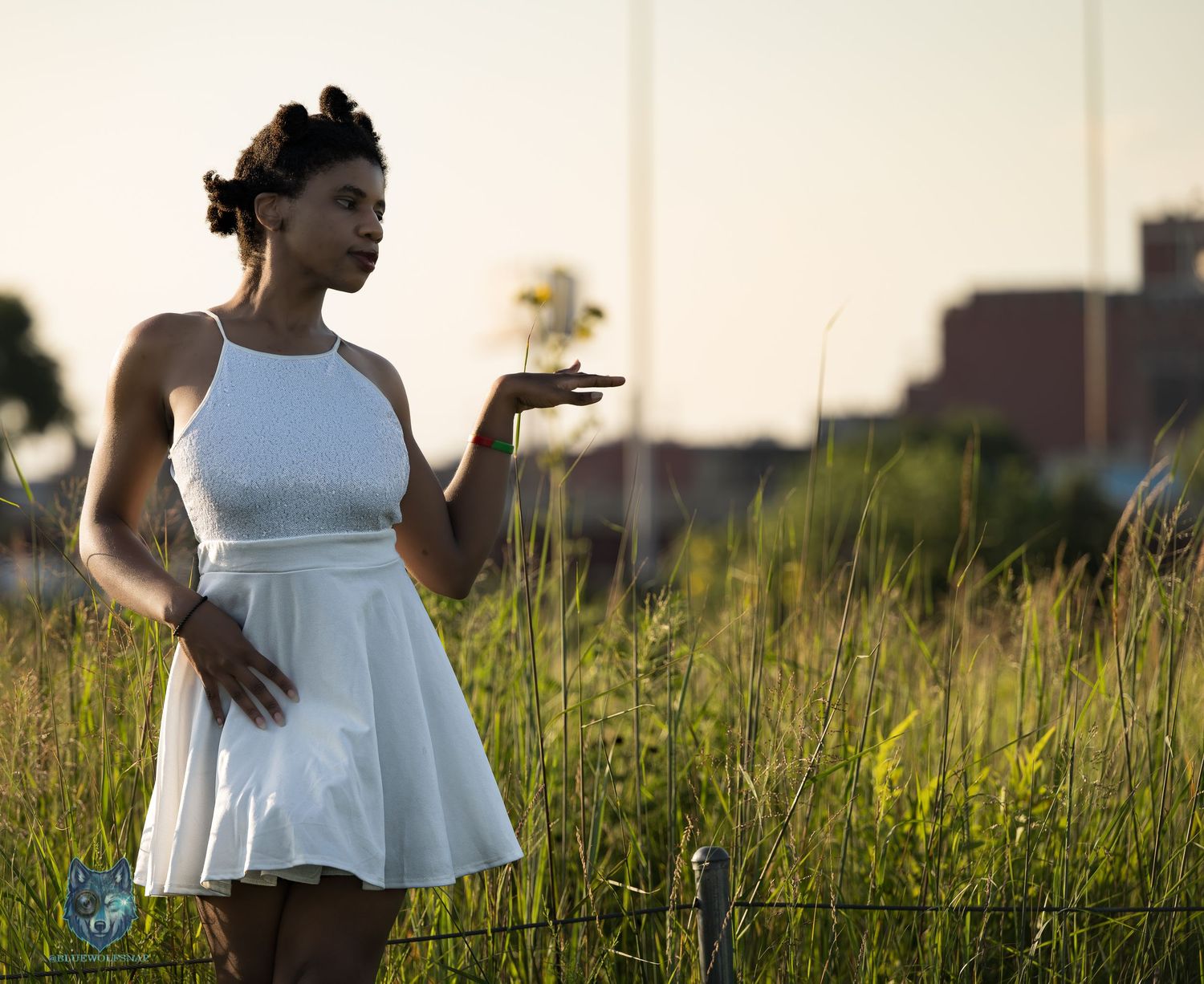 Young Black woman in white dress standing gracefully in tall green grass at golden hour.
