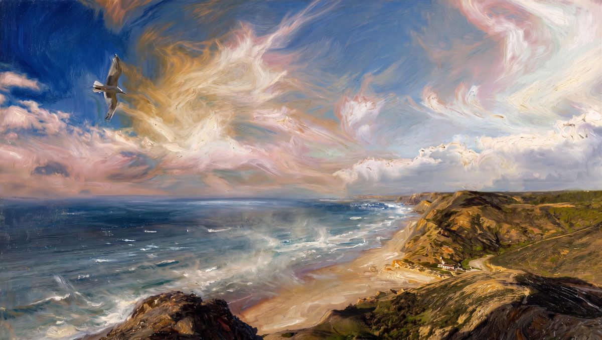 Oil painting of a dramatic coastal seascape with cliffs, crashing waves, a soaring seagull, and vibrant pink and blue sky.
