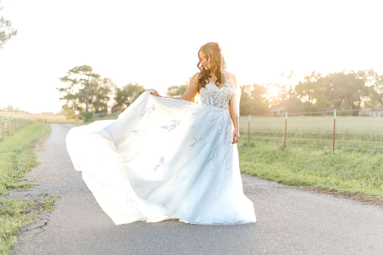 Bride holding out her flowing white wedding gown while walking along a country road in warm golden-hour sunlight.