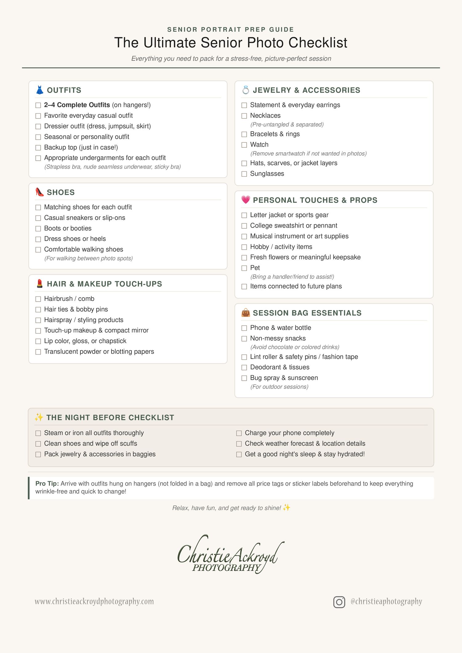 Girls' Senior Photo Checklist; what to wear, bring & tips for a successful senior portrait session. Prepare for Michigan Senior Pictures