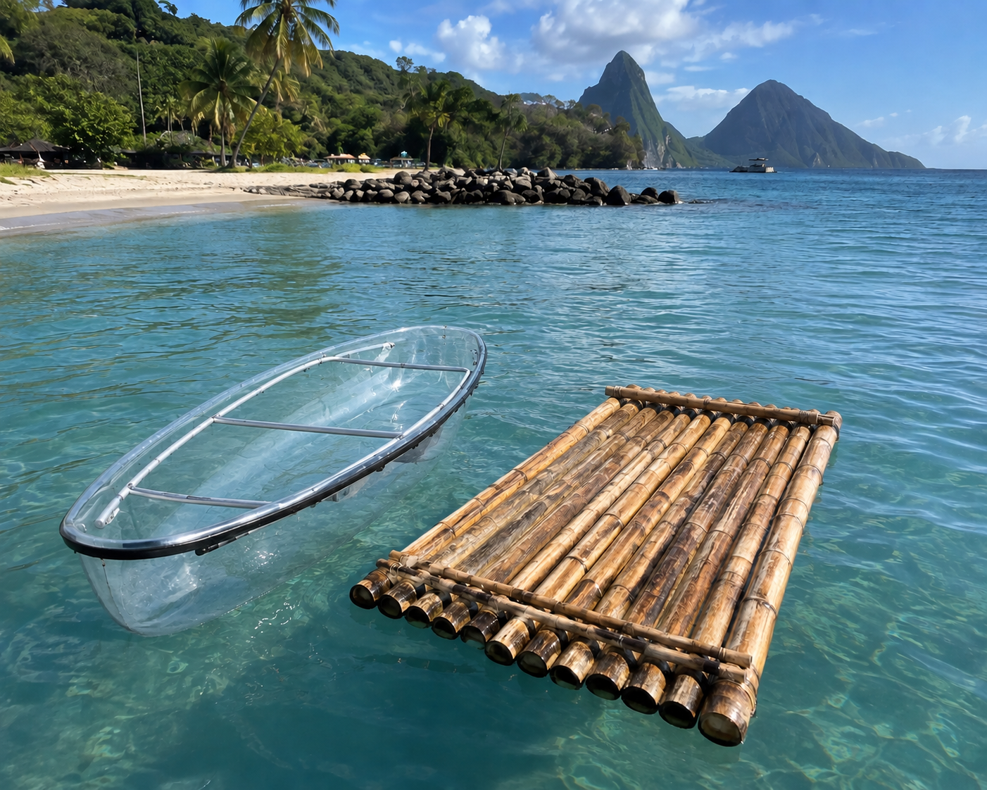 Transparent kayak and rustic bamboo raft floating in crystal-clear Caribbean sea near St. Lucia Pitons.