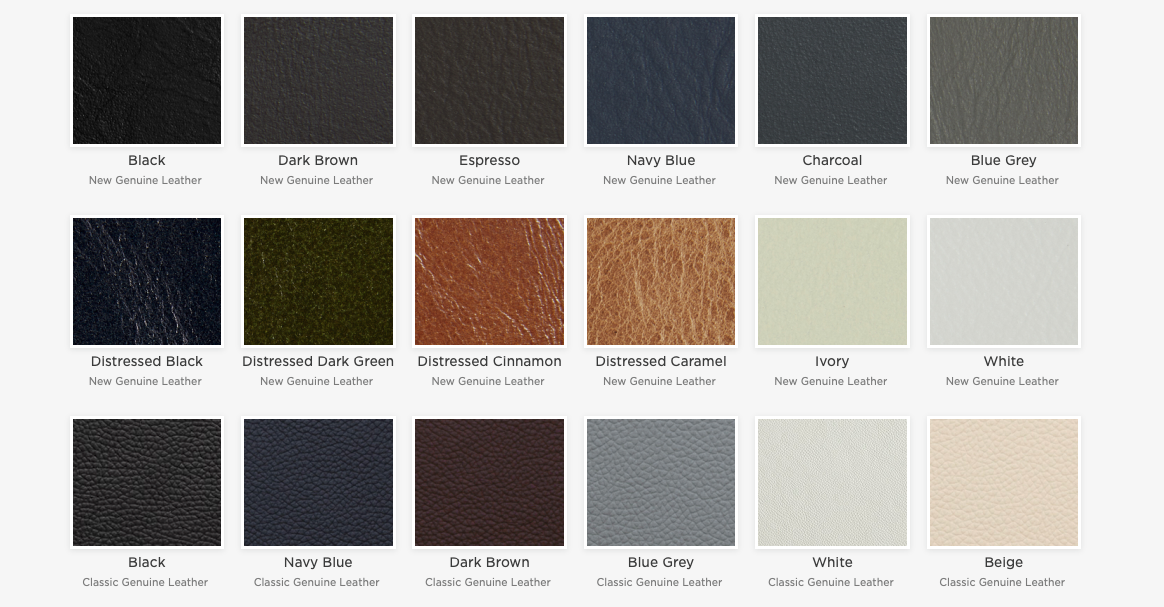 A swatch collection displaying genuine leather color options including black, brown, navy, charcoal, gray, and beige tones.