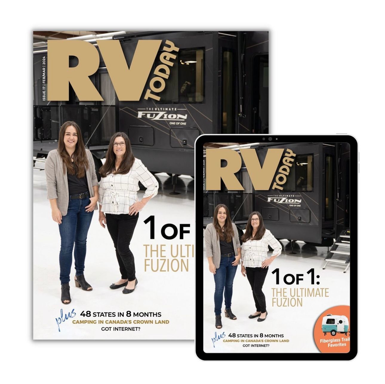 RV Today magazine cover featuring two women standing beside a Fuzion RV with digital edition shown alongside.