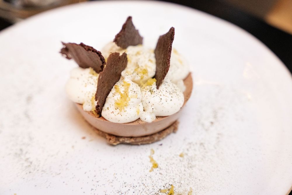 Elegant chocolate dessert with whipped cream and dark chocolate shards on a white plate, dusted with gold powder.
