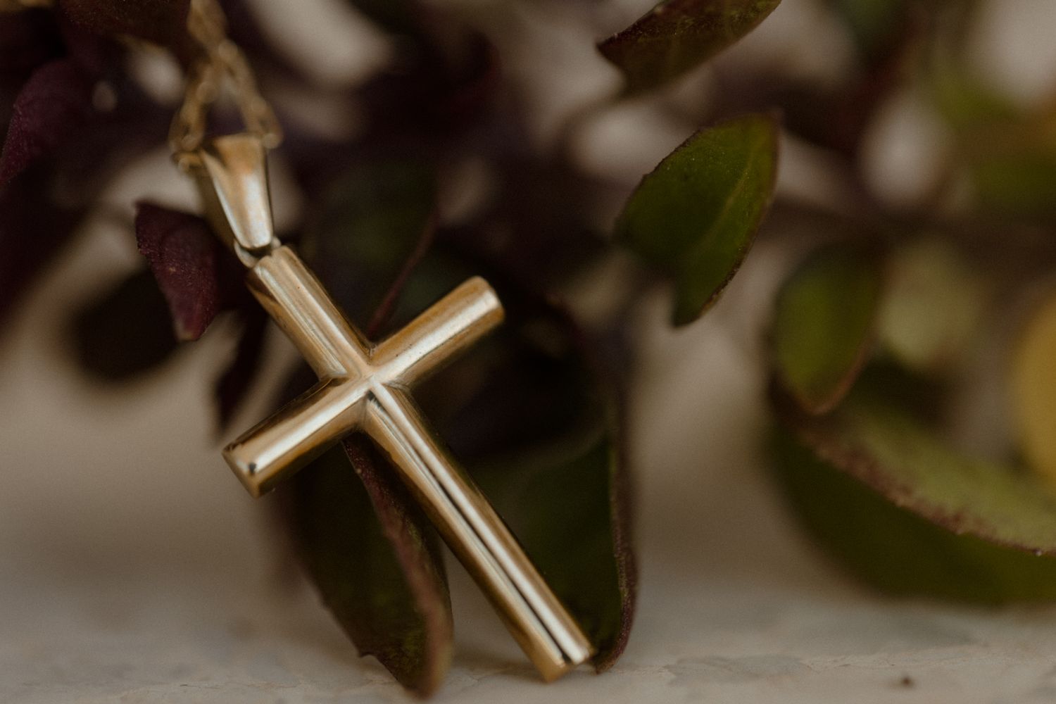 Close-up of a gold cross pendant necklace hanging among green and purple leaves on a blurred background.