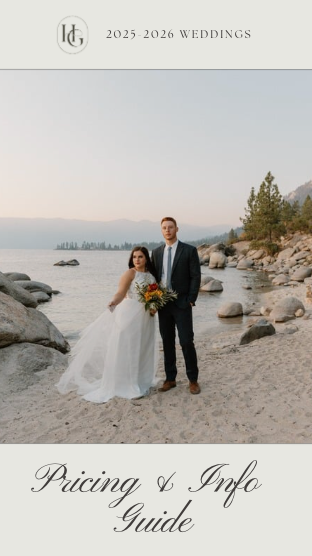 Romantic wedding couple poses at Lake Tahoe shore with rocky beach and mountains during golden hour sunset.